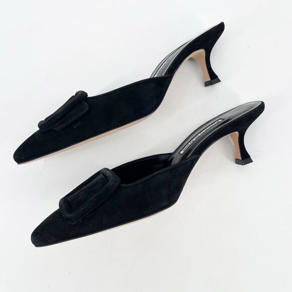 Manolo Blahnik Maysale Black Suede Buckle Pointed Toe Kitten Heel Mules IT 37 - Picture 4 of 10